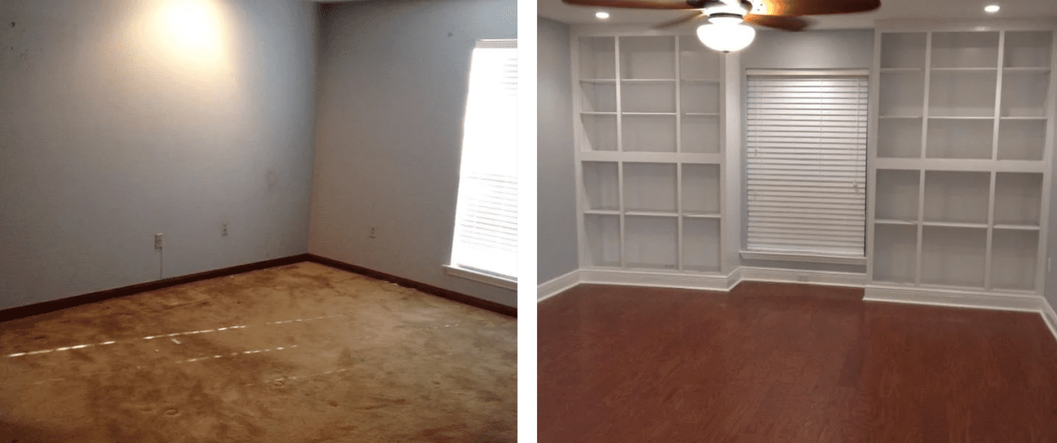 Before-and-after image highlighting the remarkable transformation of a bedroom remodel project.