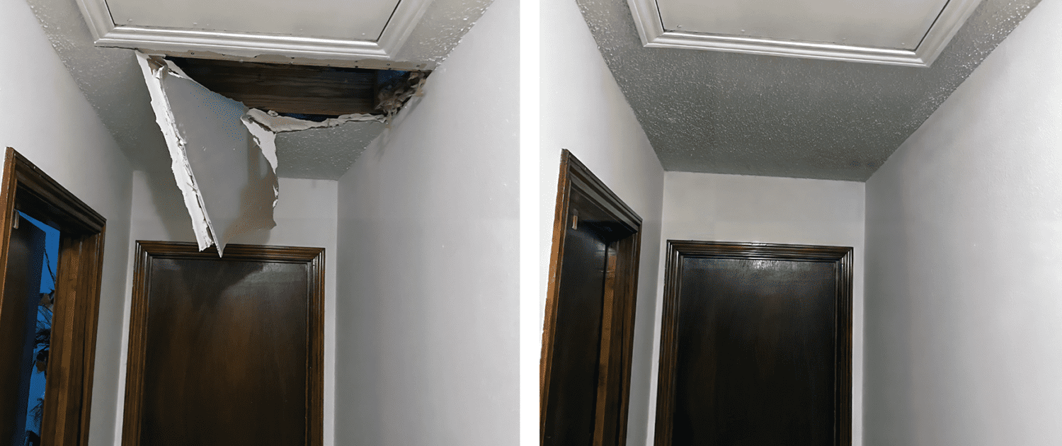 Before-and-after image showcasing Ponderosa Painting's professional drywall repair (sheetrock repair) project in Pearl River, Louisiana.