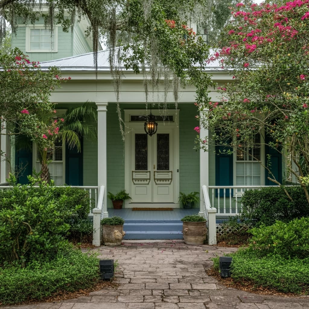 An outdoor scene showcasing a charming Southeast Louisiana home with a fresh coat of paint in earthy hues, surrounded by lush greenery and blooming flowers.